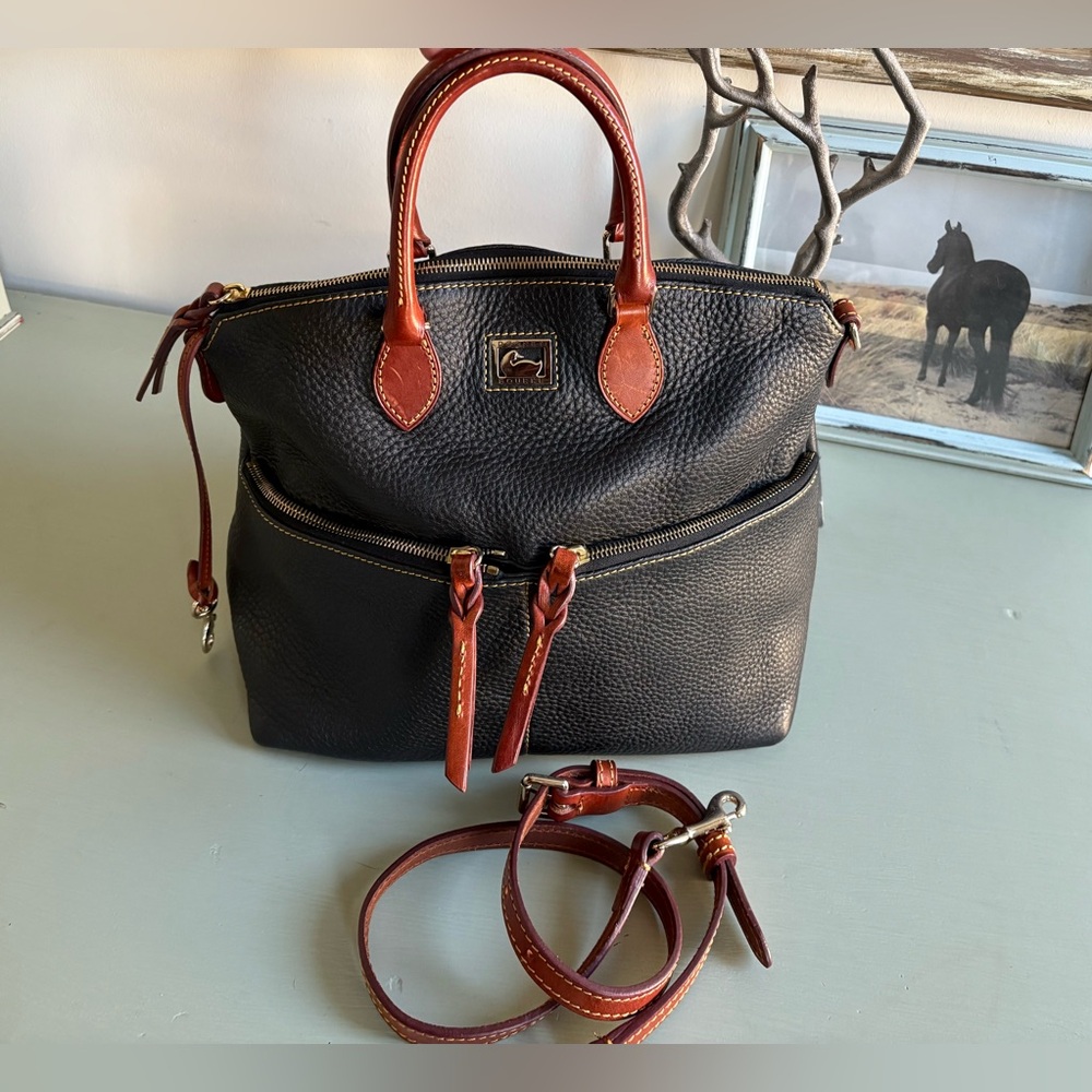 Dooney & Bourke Black and Tan Dillen Double Pocket Satchel
